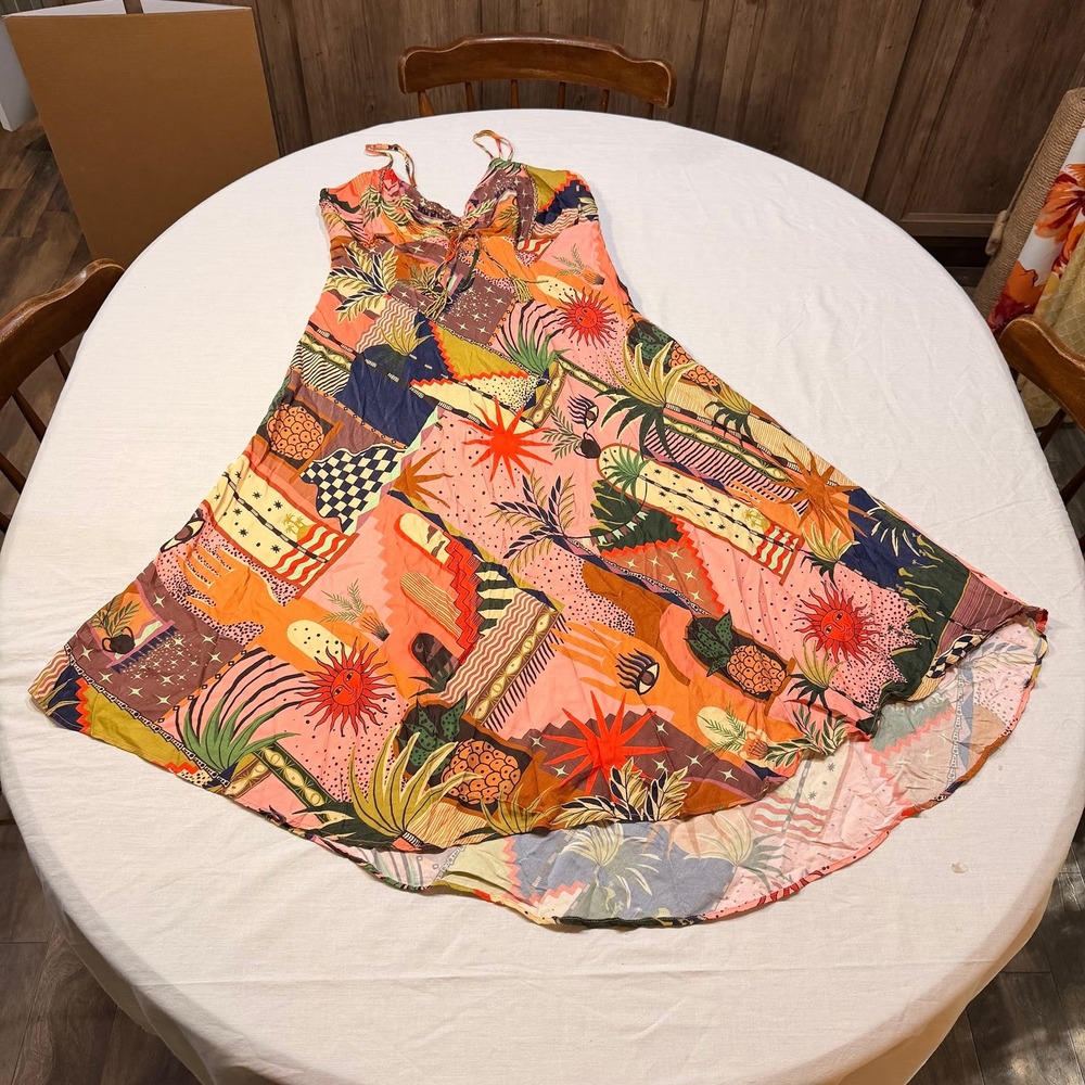Farm Rio Dress Mixed Tropical Patchwork Midi Mystic City Beaded Tassels Orange L - Picture 2 of 10